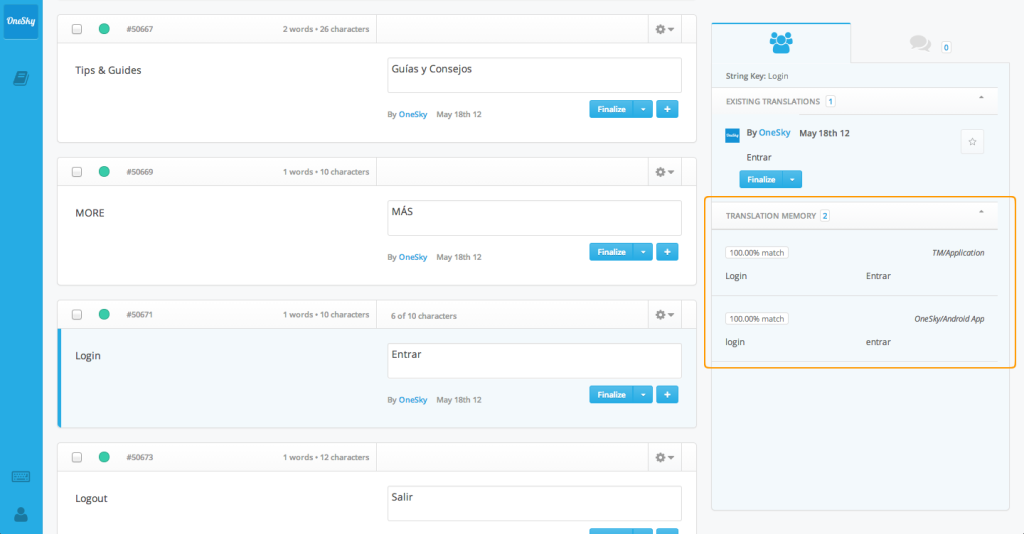 Translation Memory in the translation tool