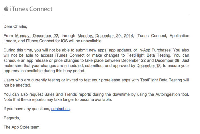 iTunes Connect closes between December 22nd and 29th