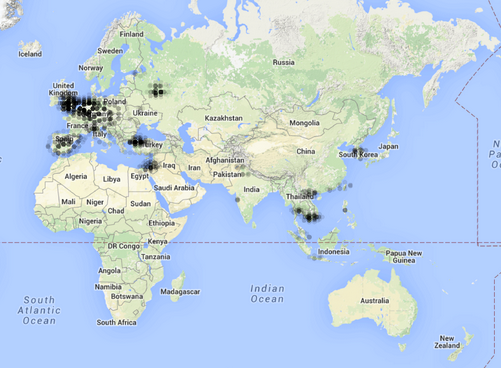 The distribution of payment activities by geographical location