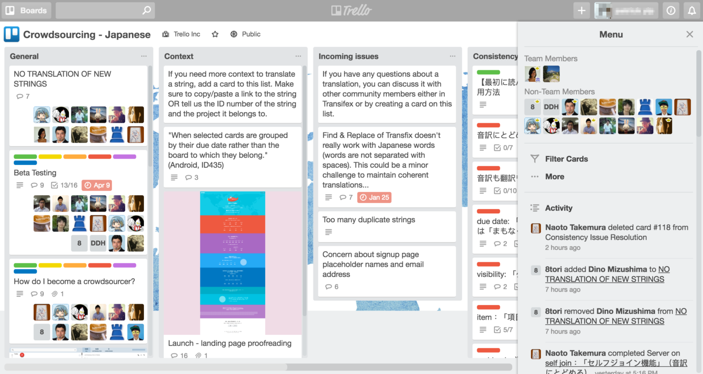 Trello's crowdsourcing translation dashboard